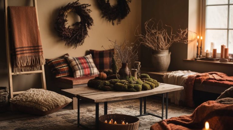 A cozy fall living room decorated with plaid pillows, layered throws, and dried wreaths on the wall, with a rustic wood coffee table centerpiece covered in moss, twigs, and a mini pumpkin. Soft candlelight, a woven basket of tealights, and warm autumn hues create a snug, seasonal atmosphere.