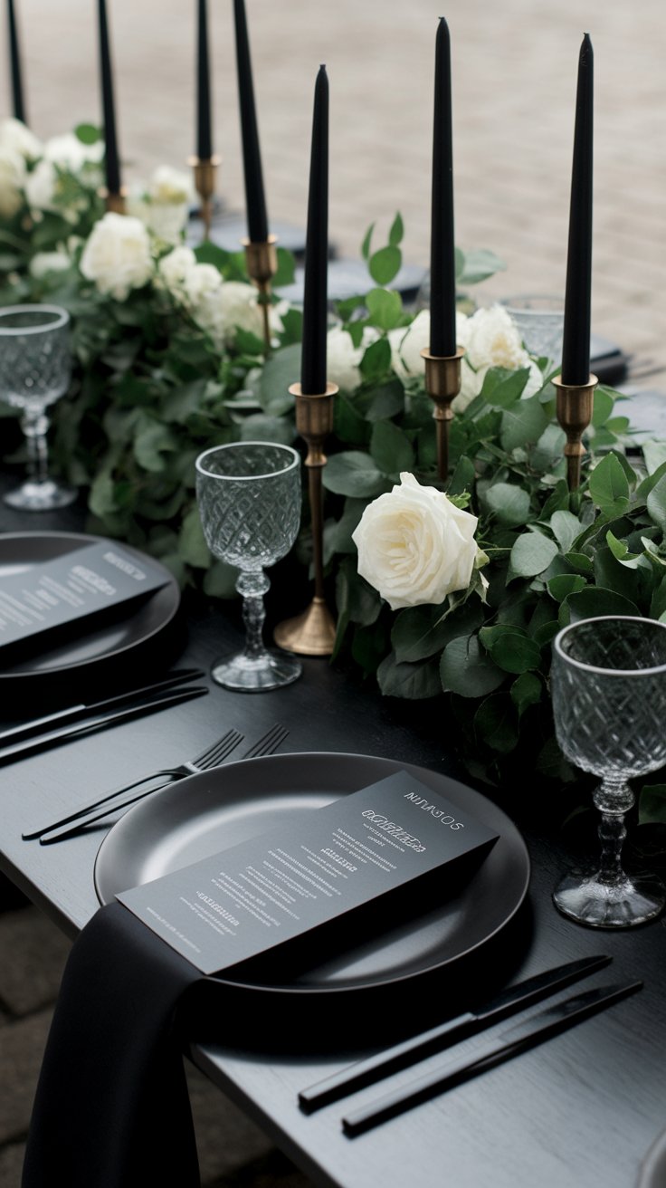 Monochrome wedding table setting with bold black palette and minimalist elegance