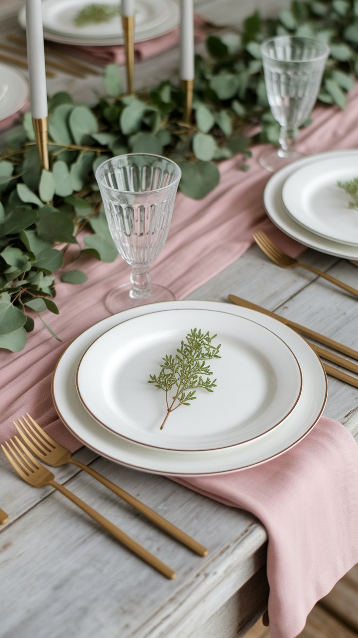 All-white dinnerware with clean lines creating fresh and modern minimalist table setting