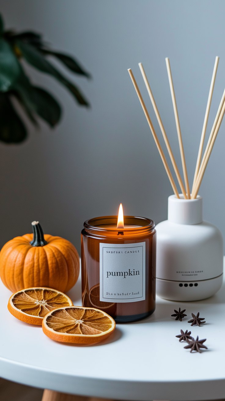 Fall-scented candles and essential oils infusing home with seasonal warmth and aroma