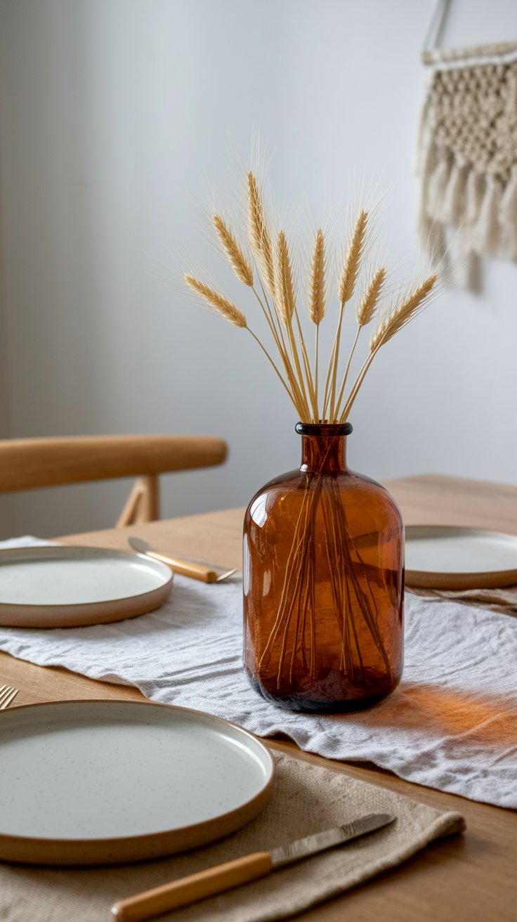Dried floral bouquet in amber vase creating timeless fall centerpiece