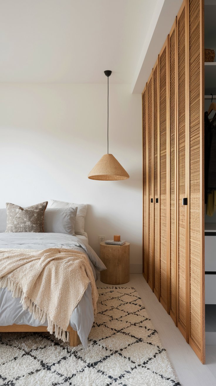 Hanging bamboo panel divider offering light-filtering privacy in minimalist bedroom