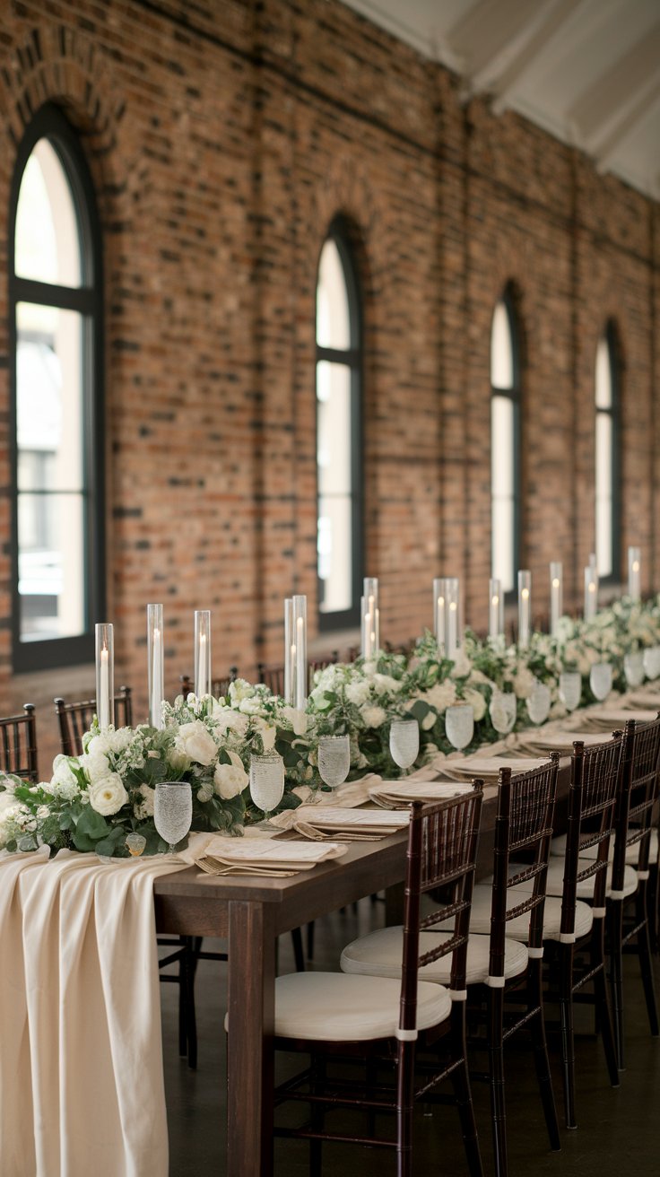 Long rectangular wedding table with linear decor for structured and elegant layout
