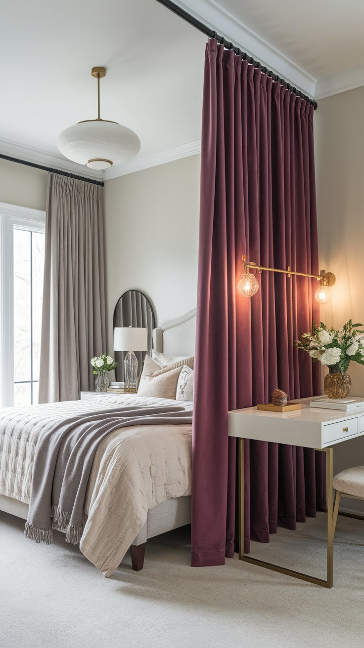 Velvet panel divider using curtain tracks for cozy and elevated room separation