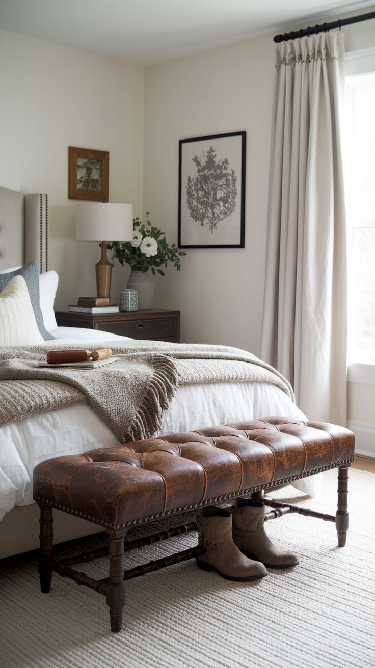 Distressed leather bench adding lived-in charm to ranch-style bedroom