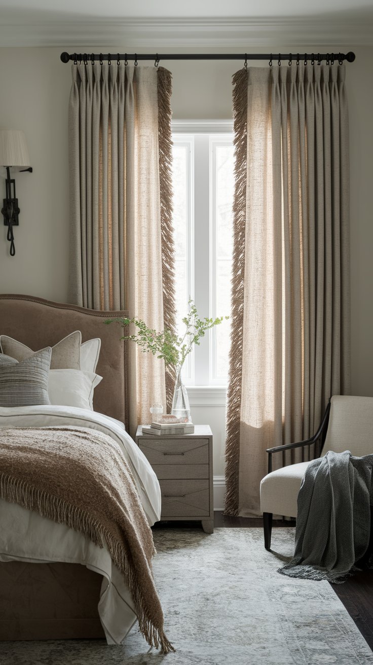 Fringe suede drapes adding softness and movement to rustic ranch bedroom