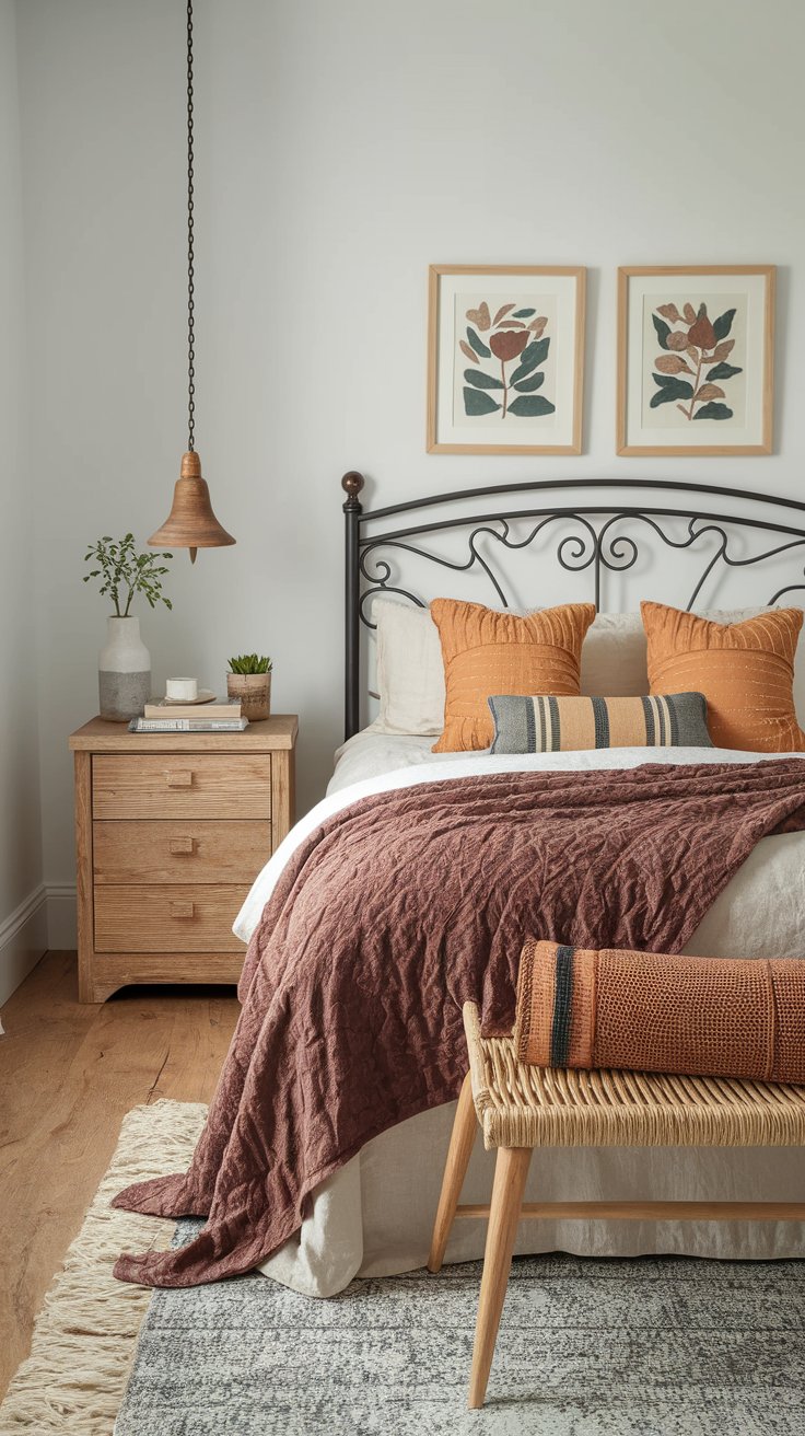 Wrought iron headboard and earthy blankets creating grounded comfort in ranch-style bedroom