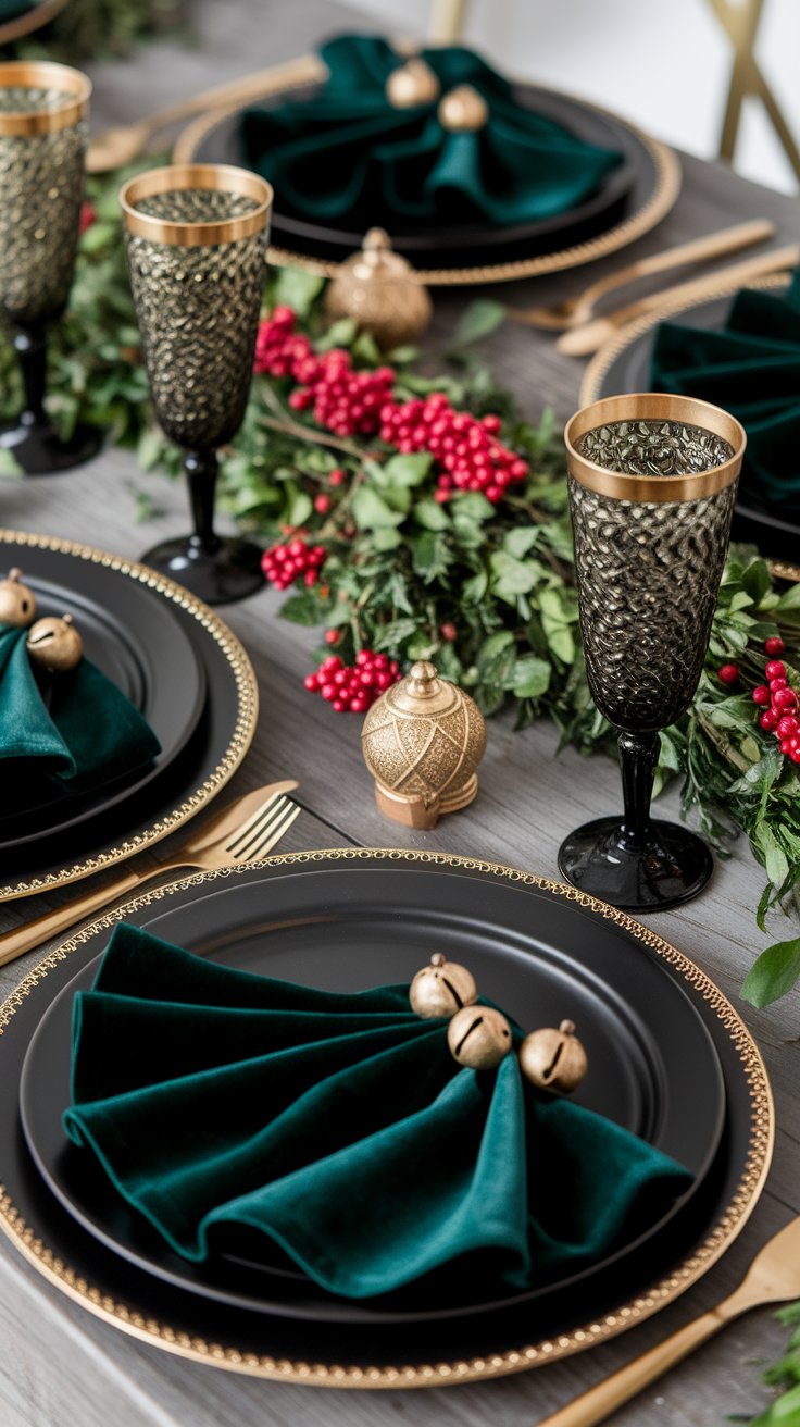 Holiday glam table setting with bold colors and metallic accents for festive sophistication