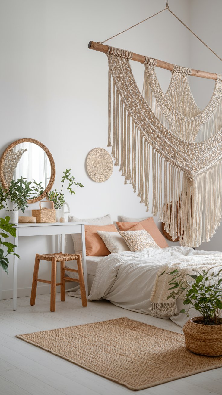 Macramé room divider creating soft separation and artistic flair in boho bedroom