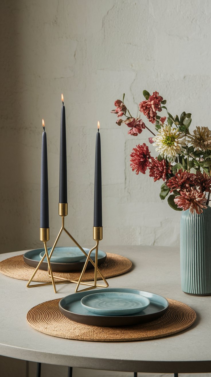 Geometric candle holders and minimal centerpieces creating structured modern tablescape