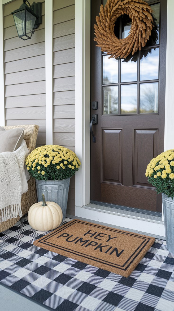 Layered fall doormat and welcome sign creating inviting seasonal entryway