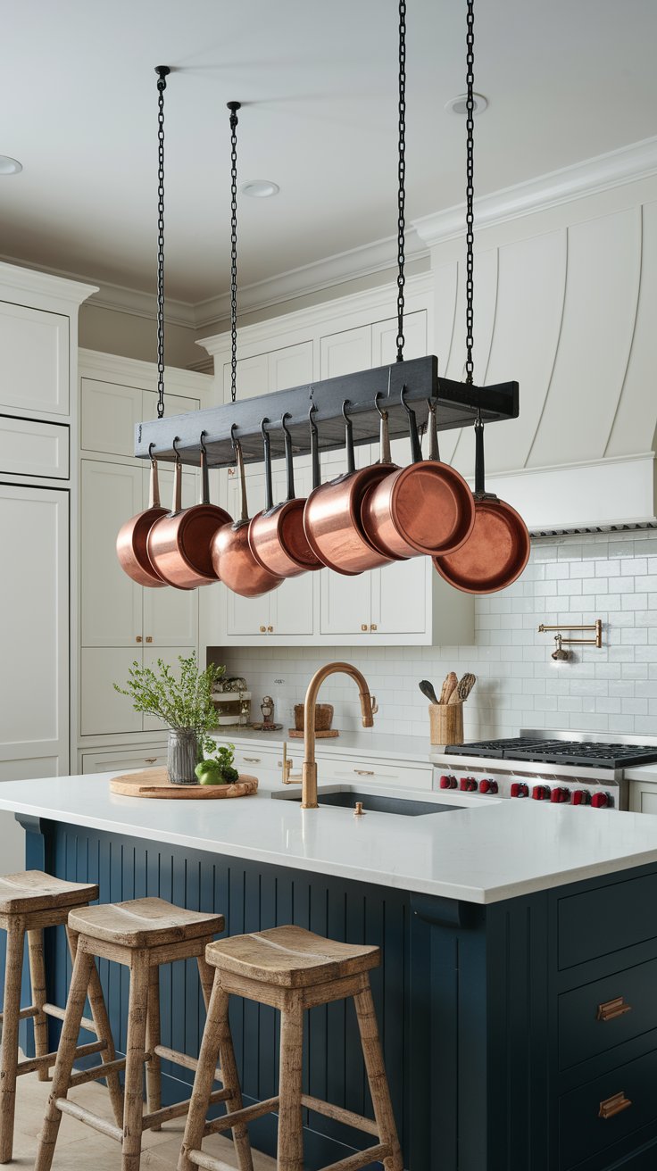 Rustic ladder pot rack suspended with chains adding western character to farmhouse kitchen