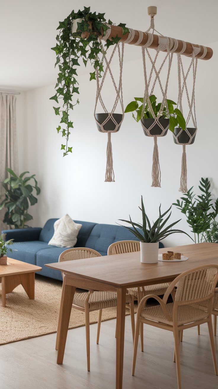 Hanging plant wall divider adding greenery and soft separation to open-concept home