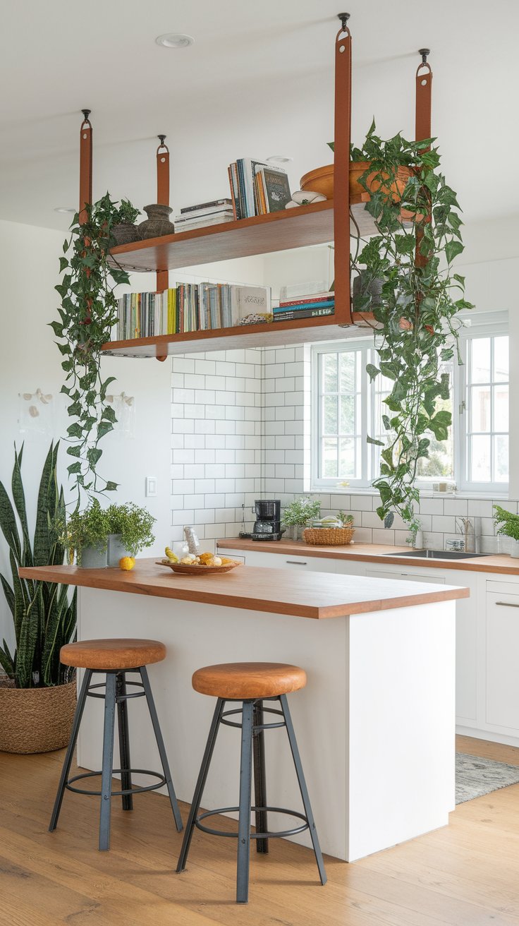 Floating shelves suspended from ceiling offering stylish and space-saving room division