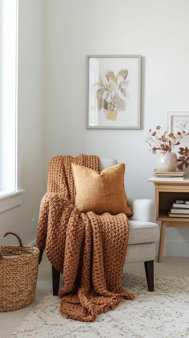 Chunky knit throw blanket adding texture and comfort to autumn reading nook