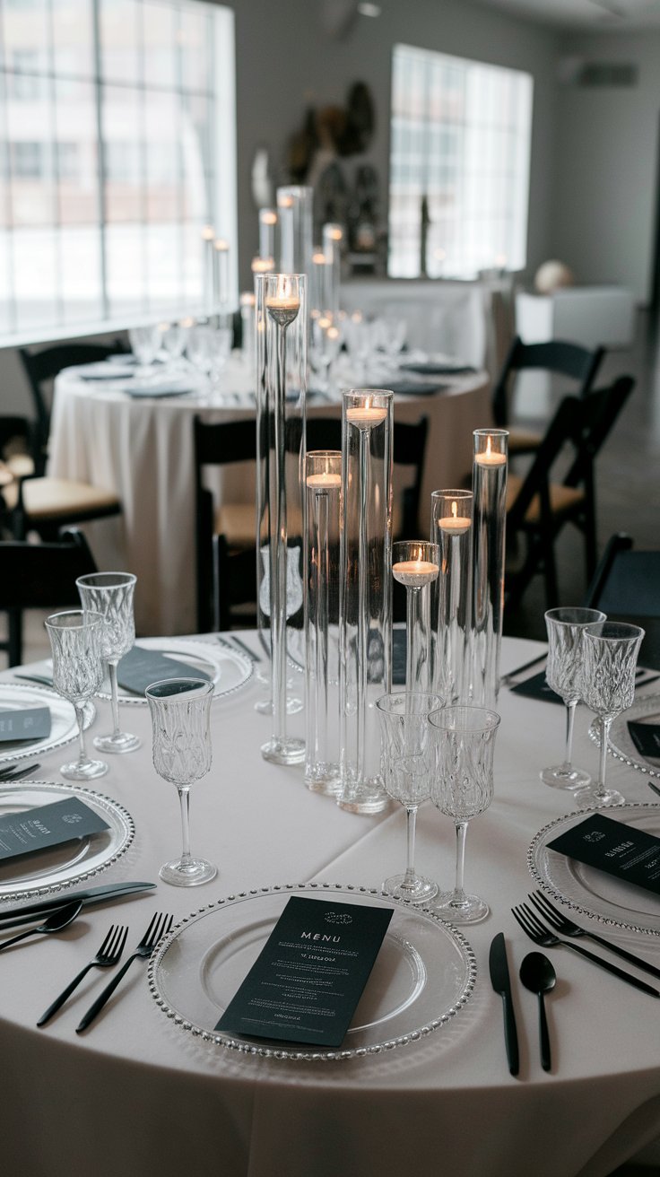 Acrylic chargers and menus adding sleek sophistication to modern wedding table design
