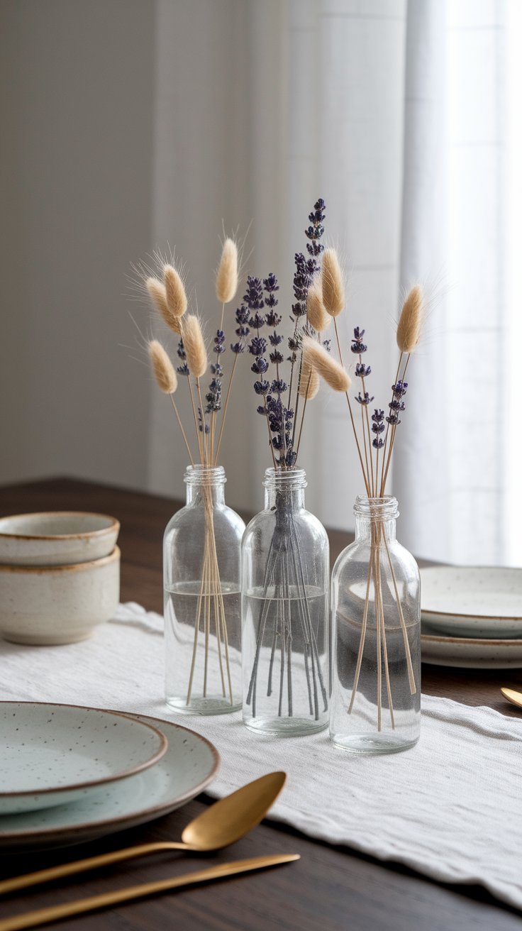 Dried florals in clear glass bottles offering texture and longevity in minimalist centerpiece