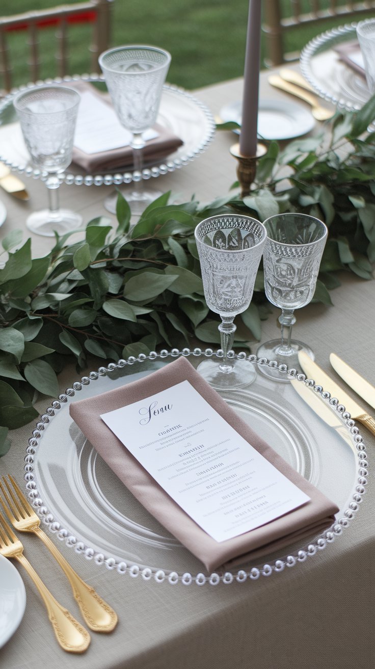 Glass chargers adding depth and polish to minimalist and romantic table settings