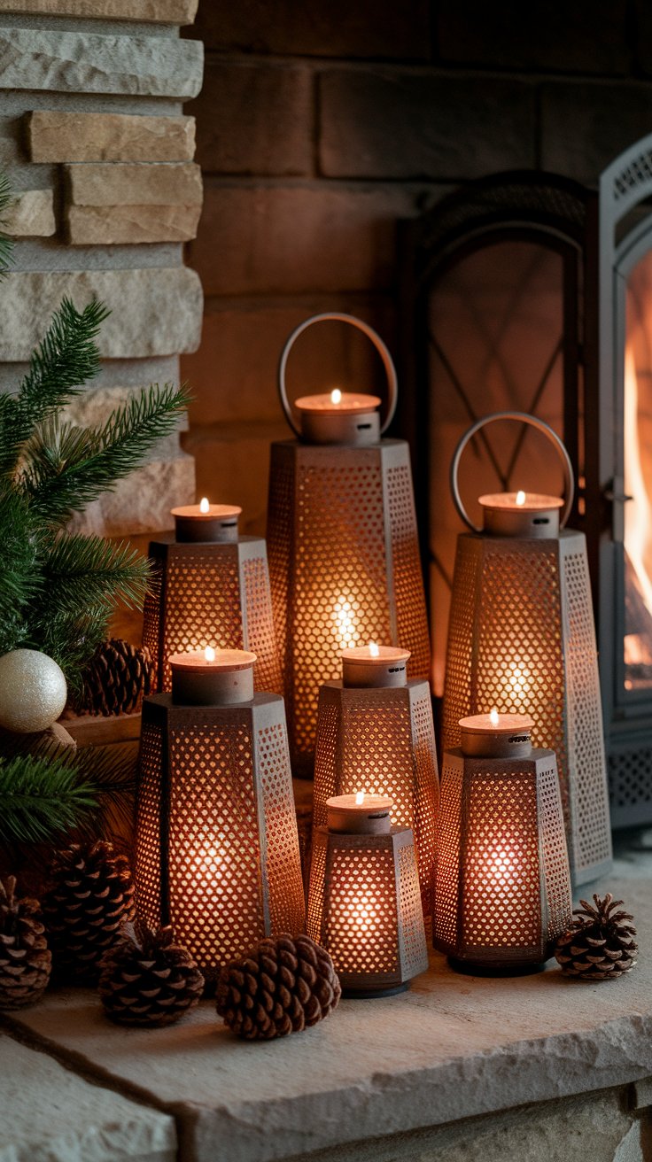 Lantern cluster creating cozy glow and depth in fall entryway or hearth decor