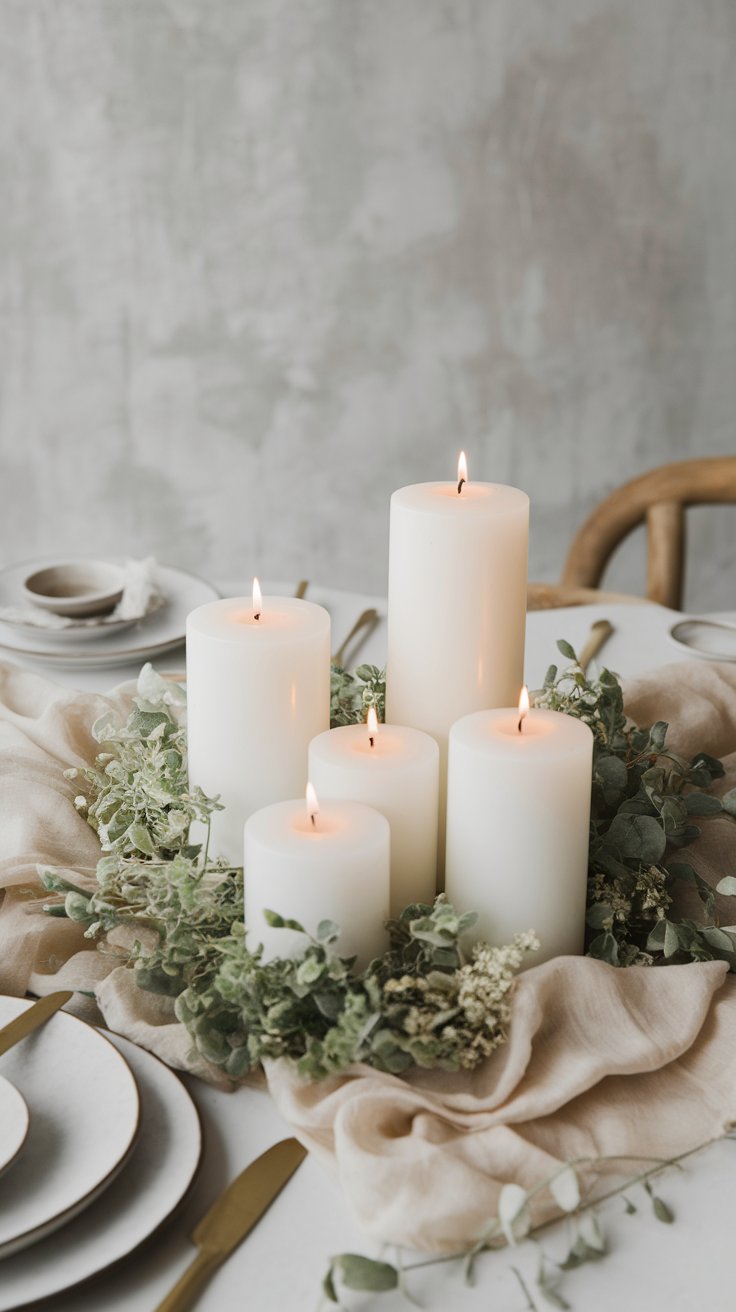 Tealight and candle arrangement adding warm glow and layered height to minimalist tablescape