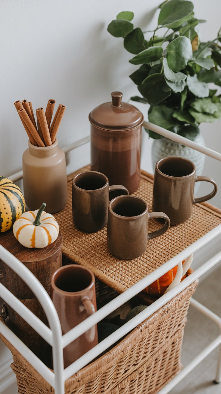 Hot drink station with fall spices and cozy mugs for seasonal beverage corner