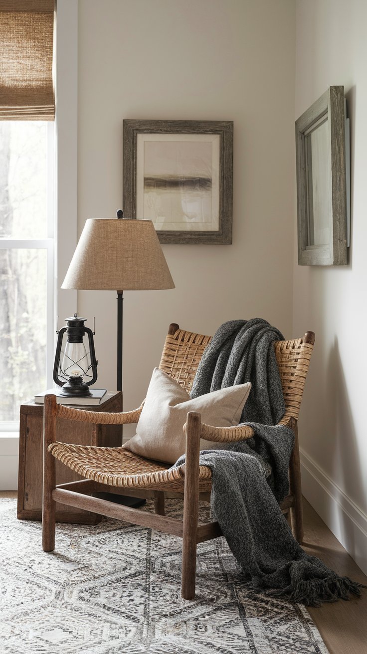 Rawhide sling chair creating quiet, crafted reading nook in ranch-style home