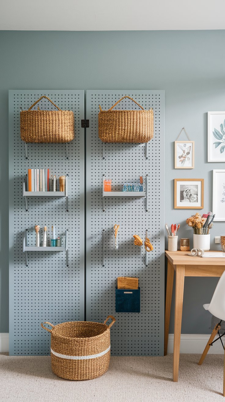 Pegboard room divider offering vertical storage and flexible zoning in creative workspace