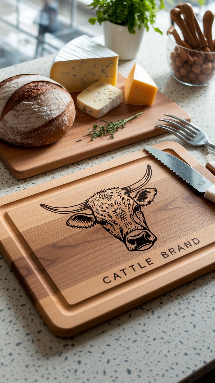 Wood-burned cutting board with ranch logo adding personalized touch to western kitchen decor