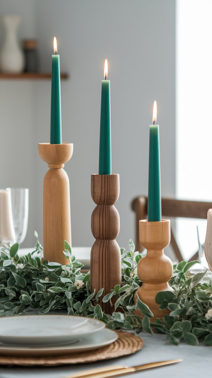 Rustic candle holders adding height and texture to cozy fall tablescape