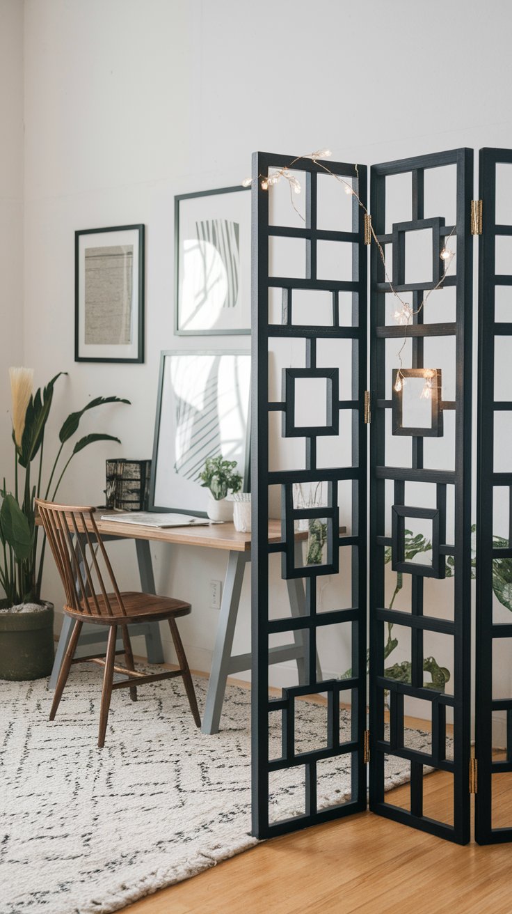 Photo frame room divider creating artistic and budget-friendly separation in studio space