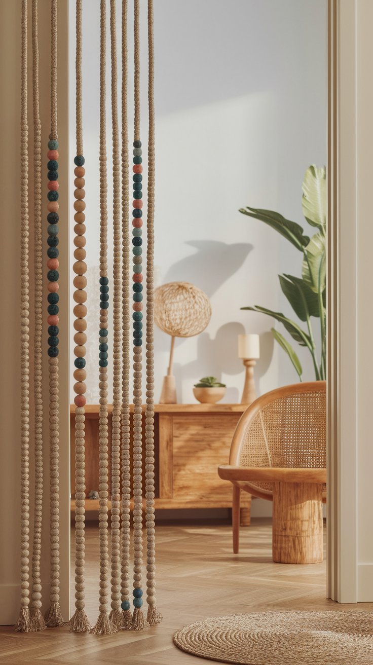 Beaded hanging divider adding movement and visual interest to transitional space
