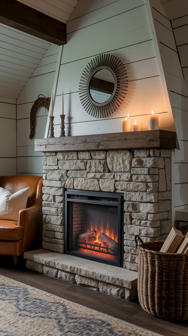 Faux fireplace with stone surround creating warm and authentic Viking-inspired focal point