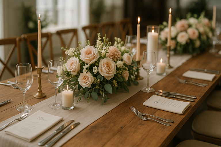 An elegant wedding table setting featuring soft blush rose centerpieces, glowing taper and votive candles, linen runners, and neatly folded menus at each place setting. Gold candlesticks and glassware add a romantic, refined touch to the rustic wooden table.