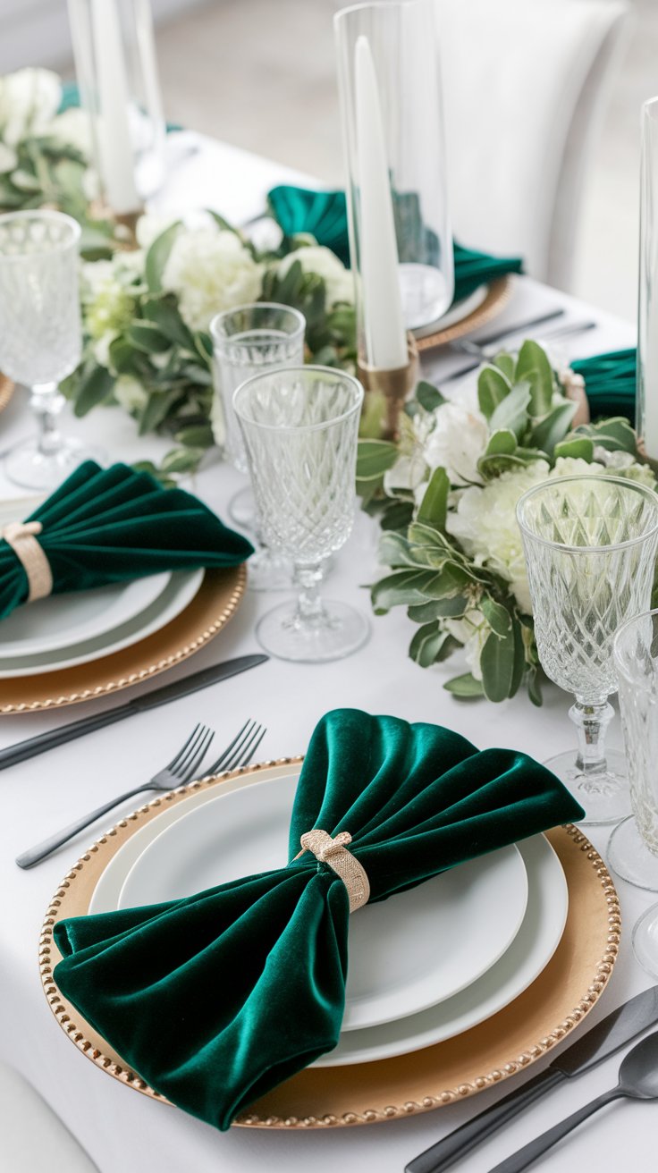 Velvet accents in jewel tones adding richness and depth to modern table setting