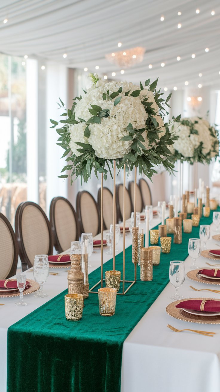 Velvet runner and tall florals adding drama and richness to glamorous wedding table