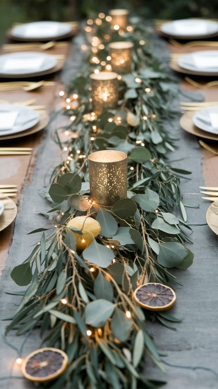 Greenery table runner with candles and herbs for natural and floral-free centerpiece