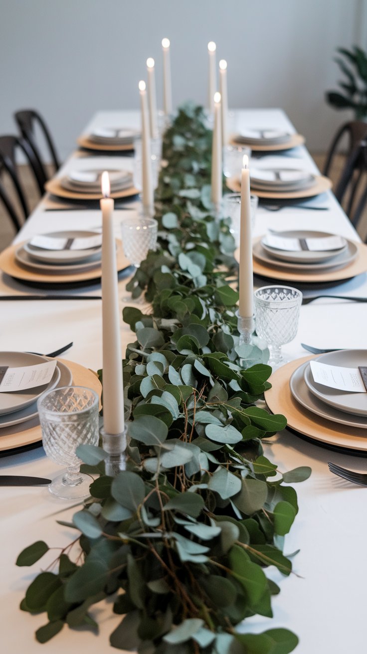 Simple greenery garland adding softness and flow to nature-inspired minimalist table