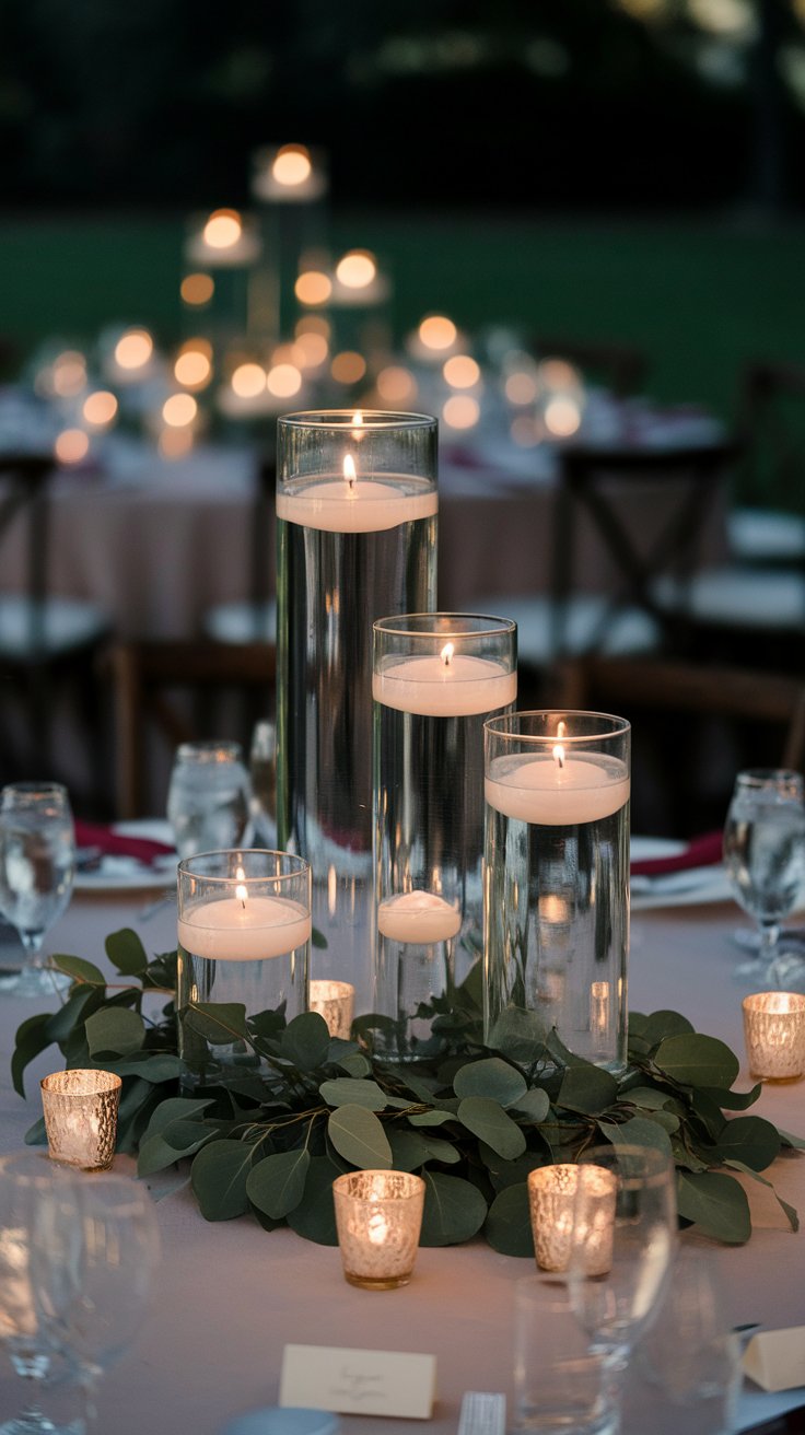 Floating candle centerpiece creating soft glow and romantic ambiance for wedding reception