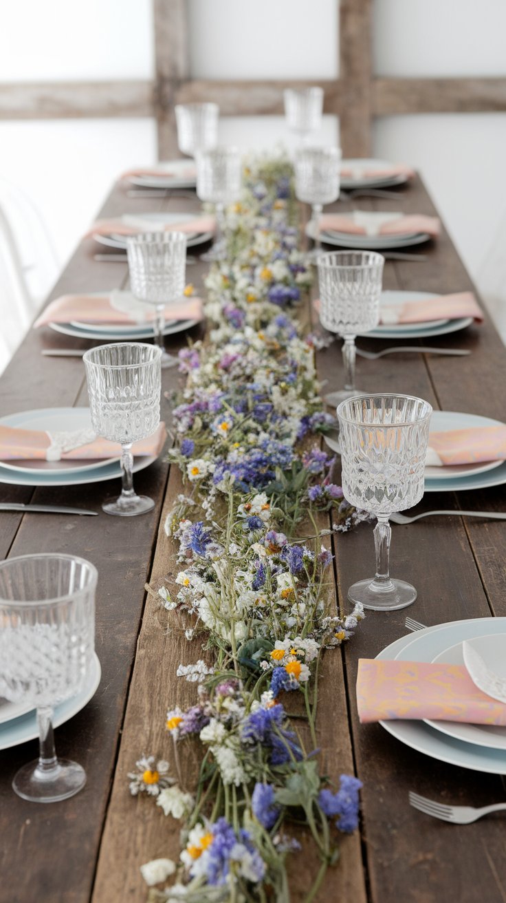 Wildflower runner with pastel accents for casual and romantic wedding table styling