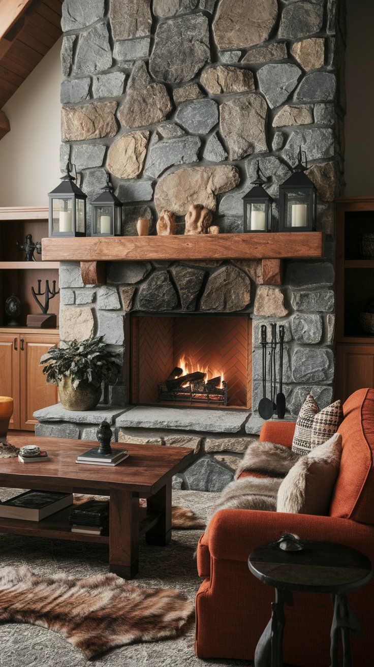 Stone hearth feature creating earthy and timeless focal point in Viking-inspired home