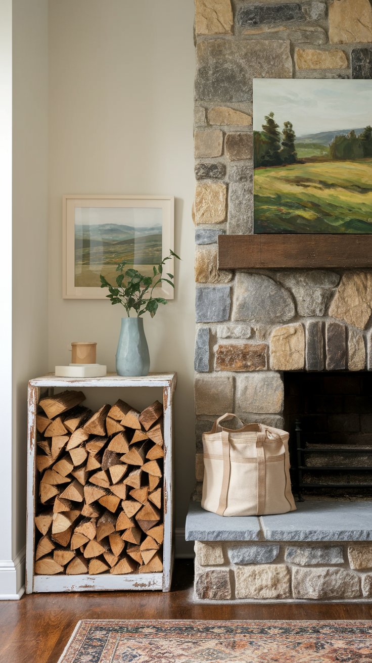 Indoor firewood rack styled like horse corral adding stable-inspired charm to western living room