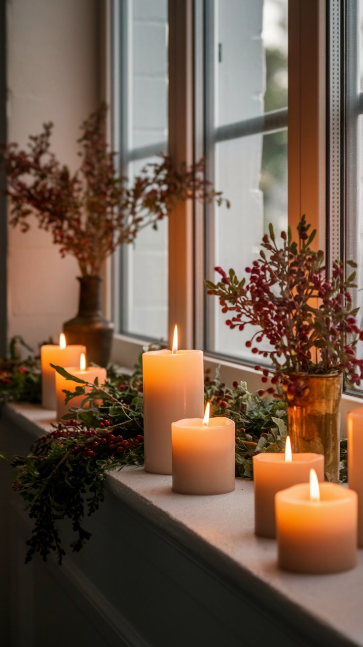 Flameless candles on timers creating safe and consistent fall evening ambiance