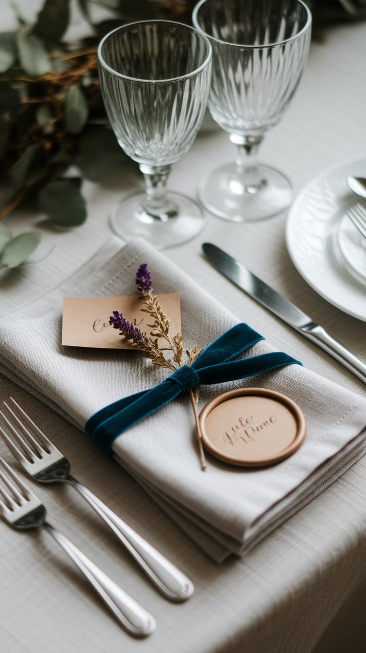 Wax-sealed place cards on linen napkins creating keepsake-worthy wedding table detail