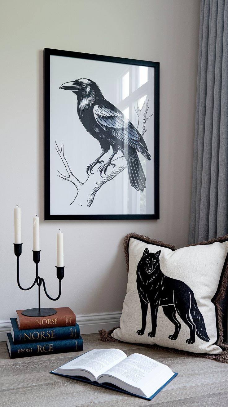 Raven and wolf motifs evoking Norse mythology and ancient guardianship in Viking-style decor