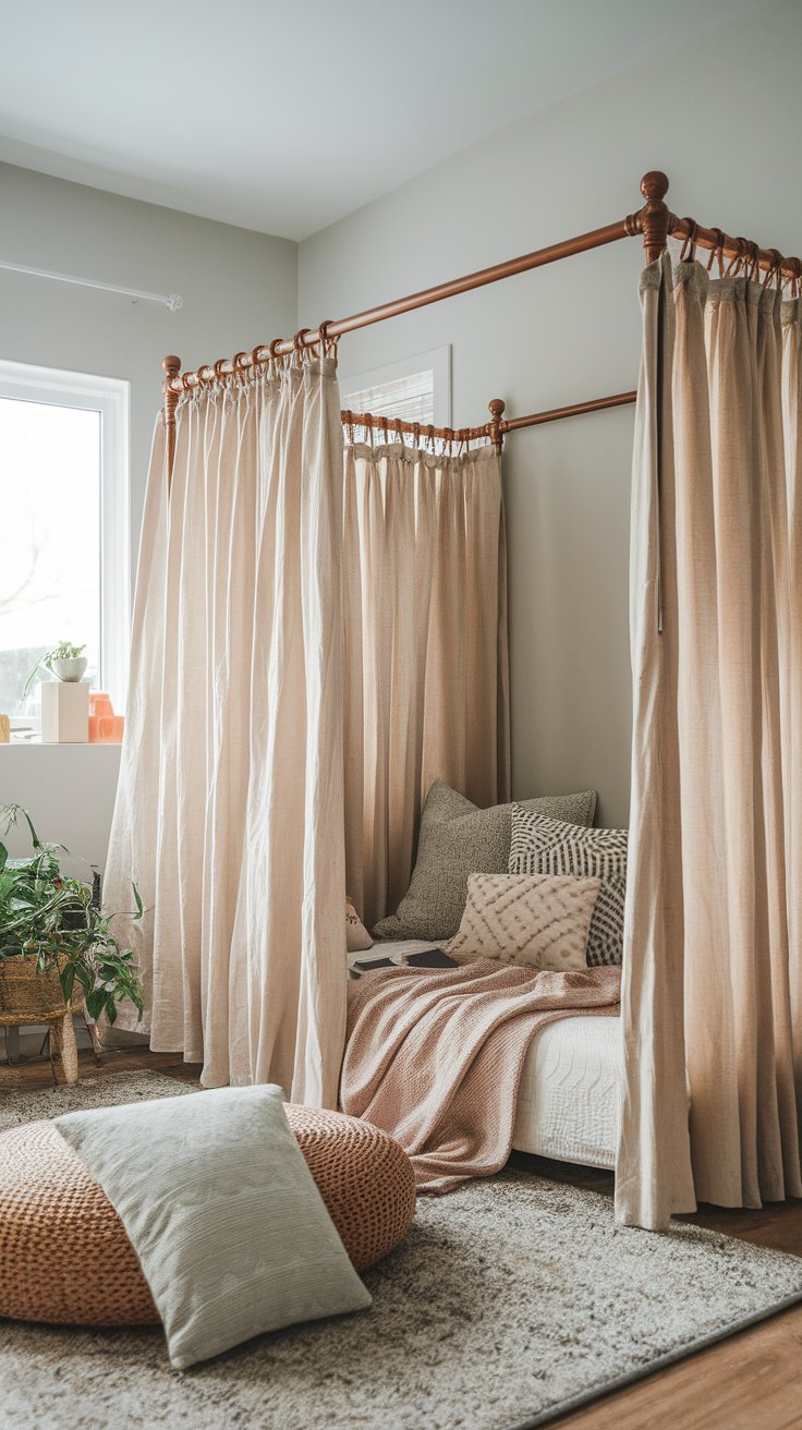 PVC pipe fabric divider creating flexible and renter-friendly room separation