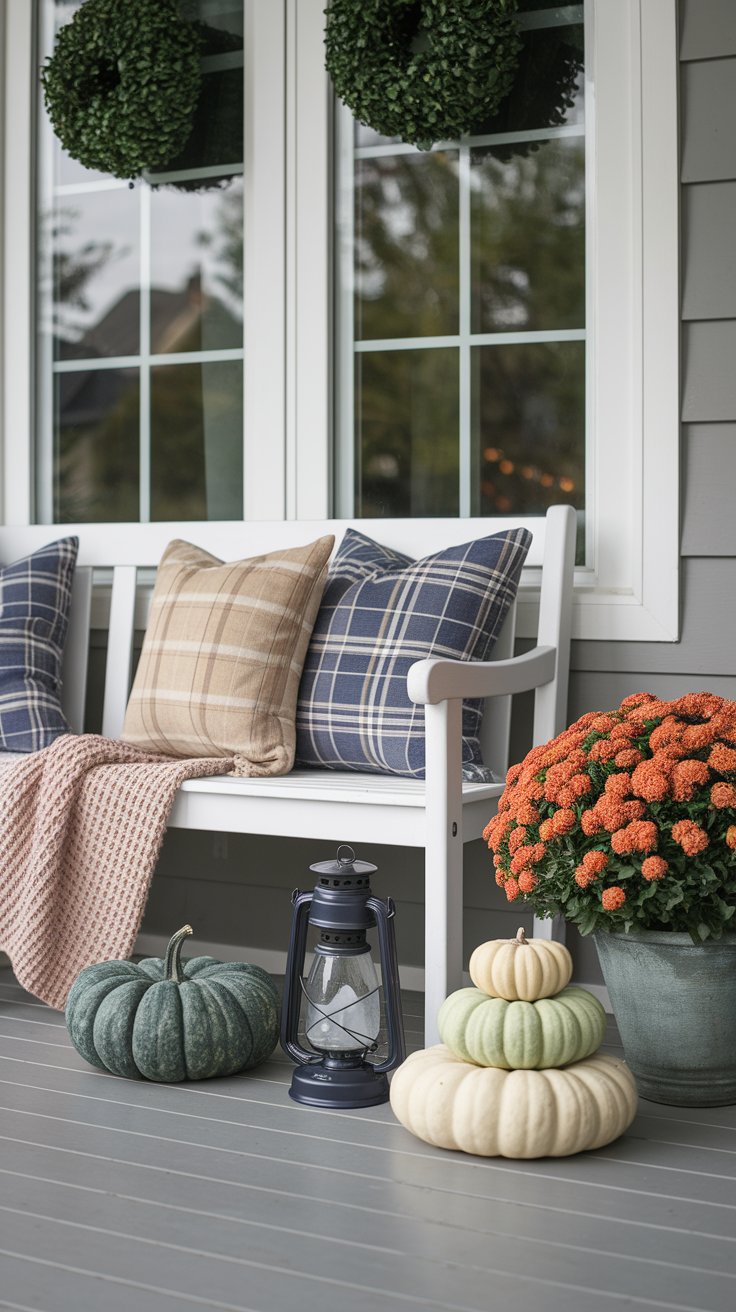 Cozy porch seating with plaid pillows and fall accents for seasonal curb appeal