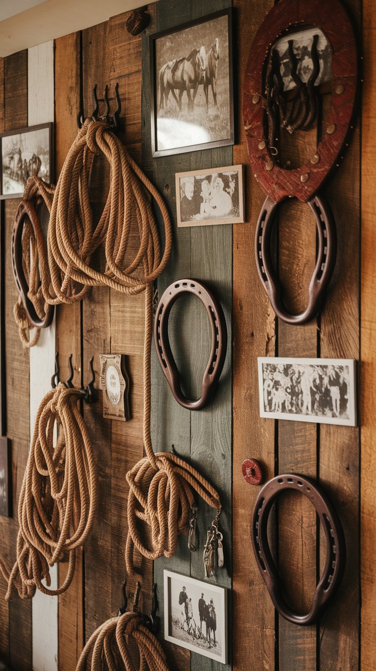 Western gallery wall featuring salvaged ranch tools and nostalgic accents