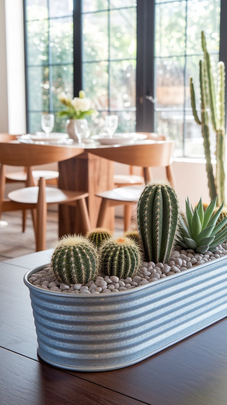 Mini indoor cactus garden in repurposed trough adding sculptural greenery to western ranch decor