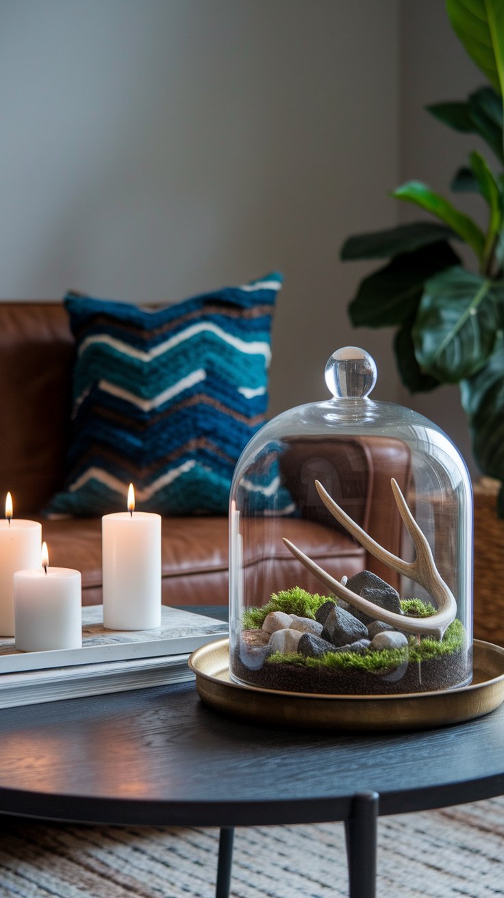 Antler fragment terrarium creating organic sculptural centerpiece in rustic western home