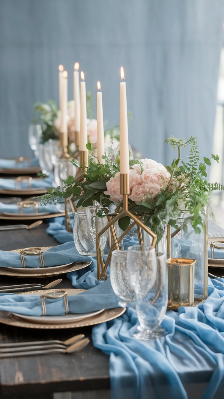 Geometric metal accents paired with soft draping for balanced modern wedding table decor